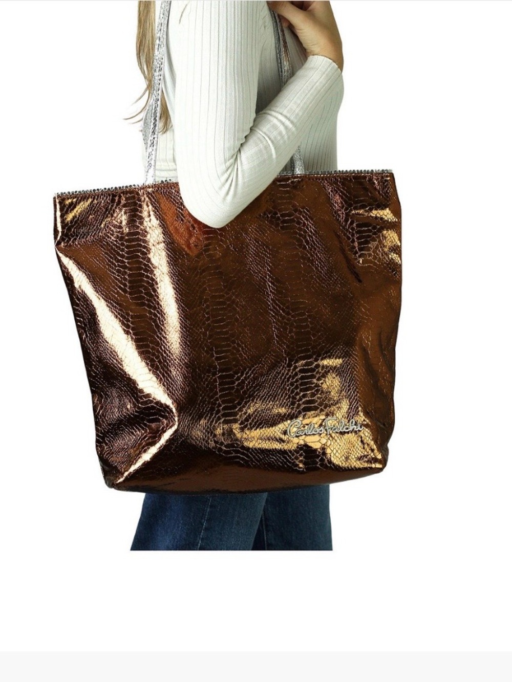Carlos Falchi Metallic Copper Brown Snake-Embossed Tote